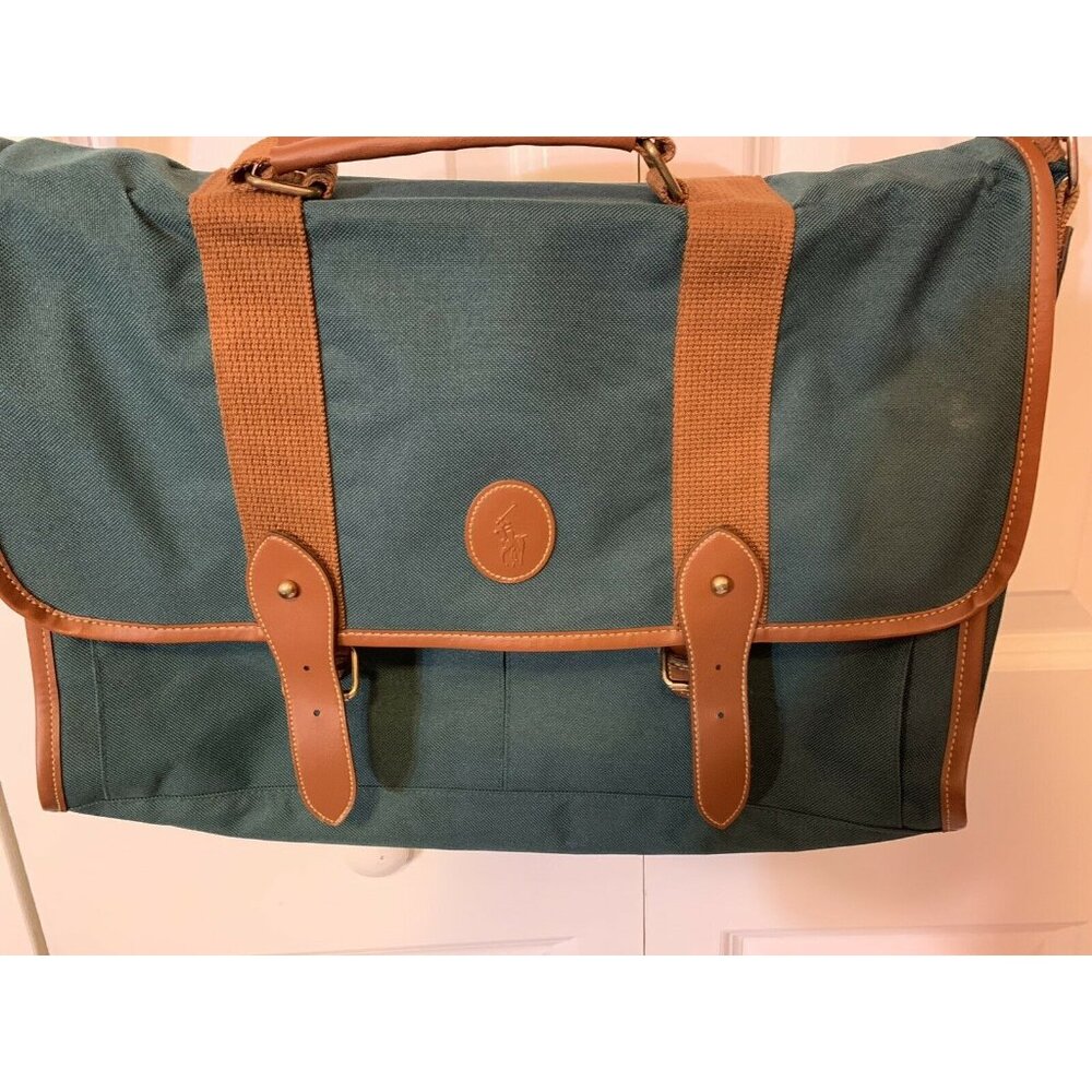 VTG Polo Ralph Lauren Canvas Courier Bag Green Leather Trim Shoulder‎ Crossbody